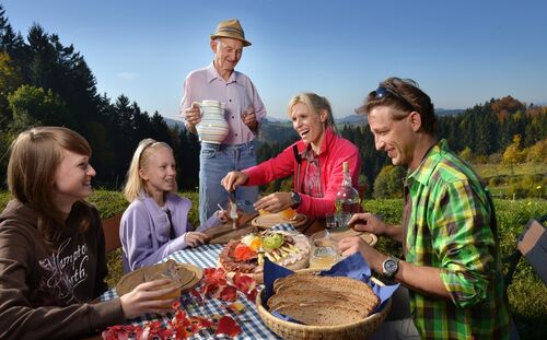 Gemütliche Mostjause, Familie am Tisch auf einer Wiese beim Essen und Trinken