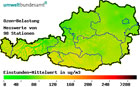 Österreichkarte mit farblich eingezeichneter Ozonbelastung (Foto: Umweltbundesamt)